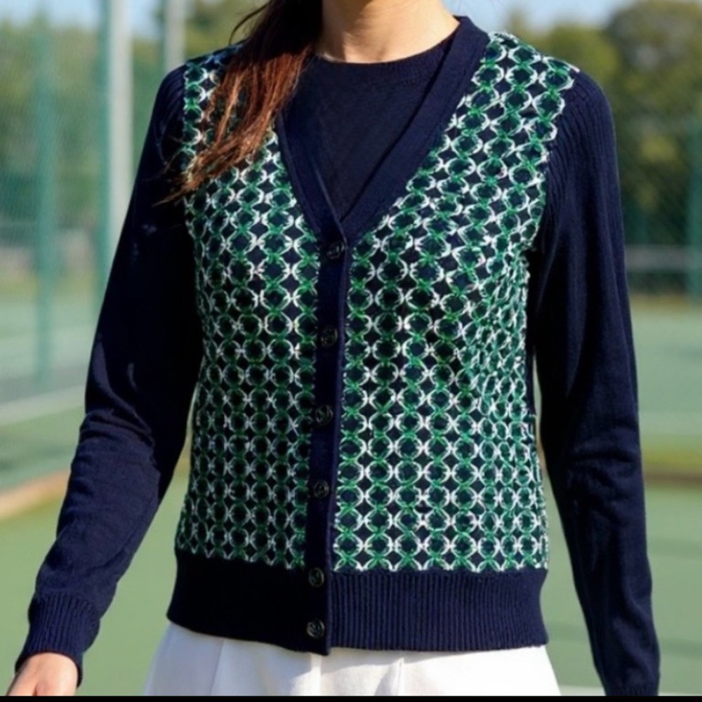 Tory Burch Sport Merino Contrast-Front‎ Long Sleeve Cardigan Sweater, Size S/P